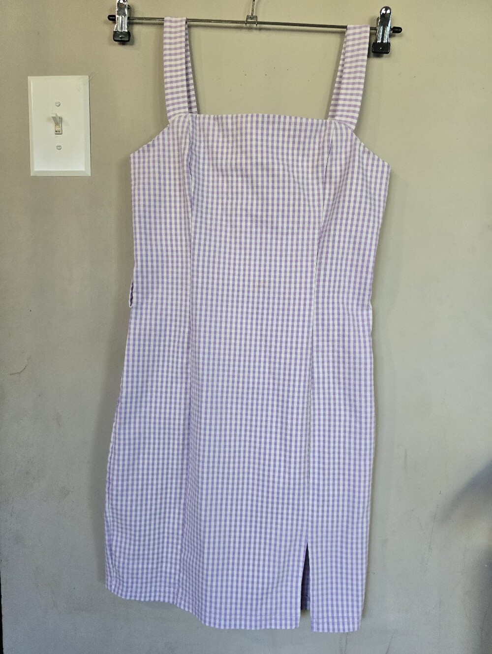 Gingham Square-Neck Mini Dress in Lavender - Picture 2 of 7